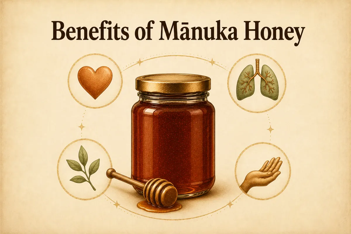 Benefits of Manuka honey: jar with surrounding wellness icons
