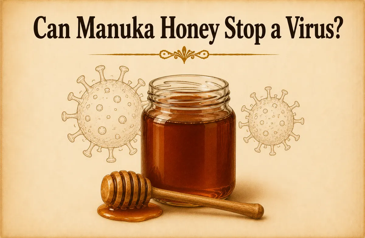 Can Manuka honey stop a virus: jar with faded virus particles