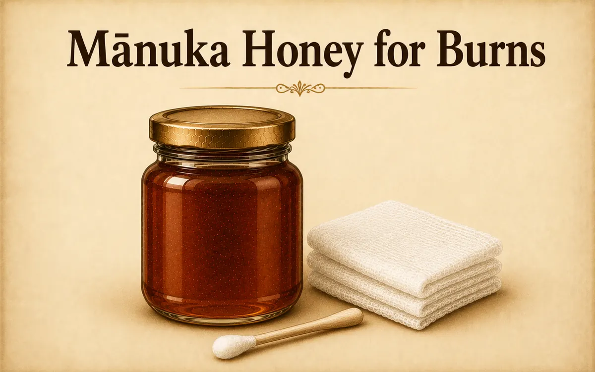 Manuka honey for burns: jar with gauze and cotton swab