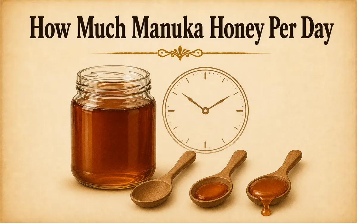 How much Manuka honey per day: jar with row of teaspoons and clock