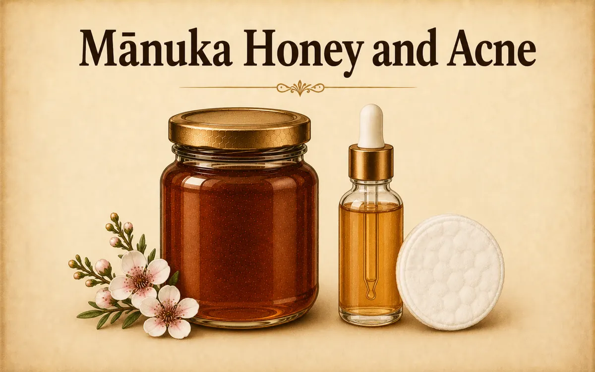 Manuka honey and acne: jar with cotton pad and dropper