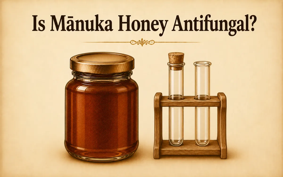 Is Manuka honey antifungal: jar with chemistry test tubes