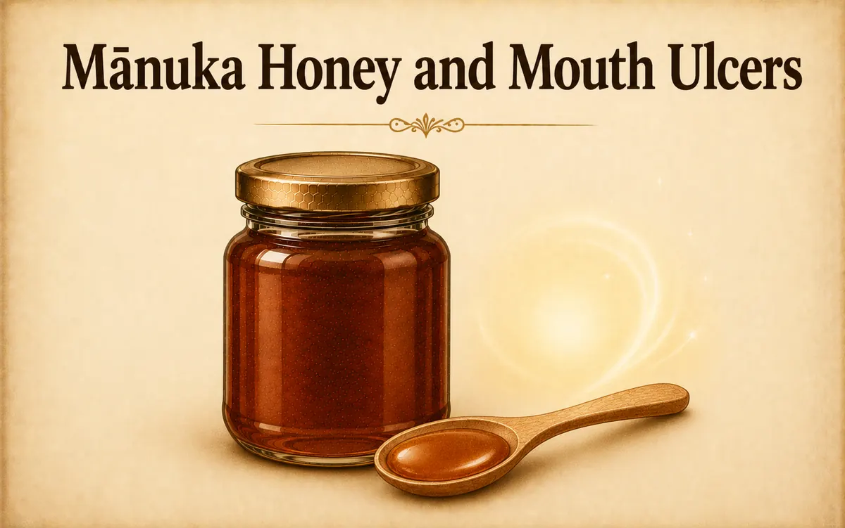 Manuka honey for mouth ulcers: jar with wooden spoon
