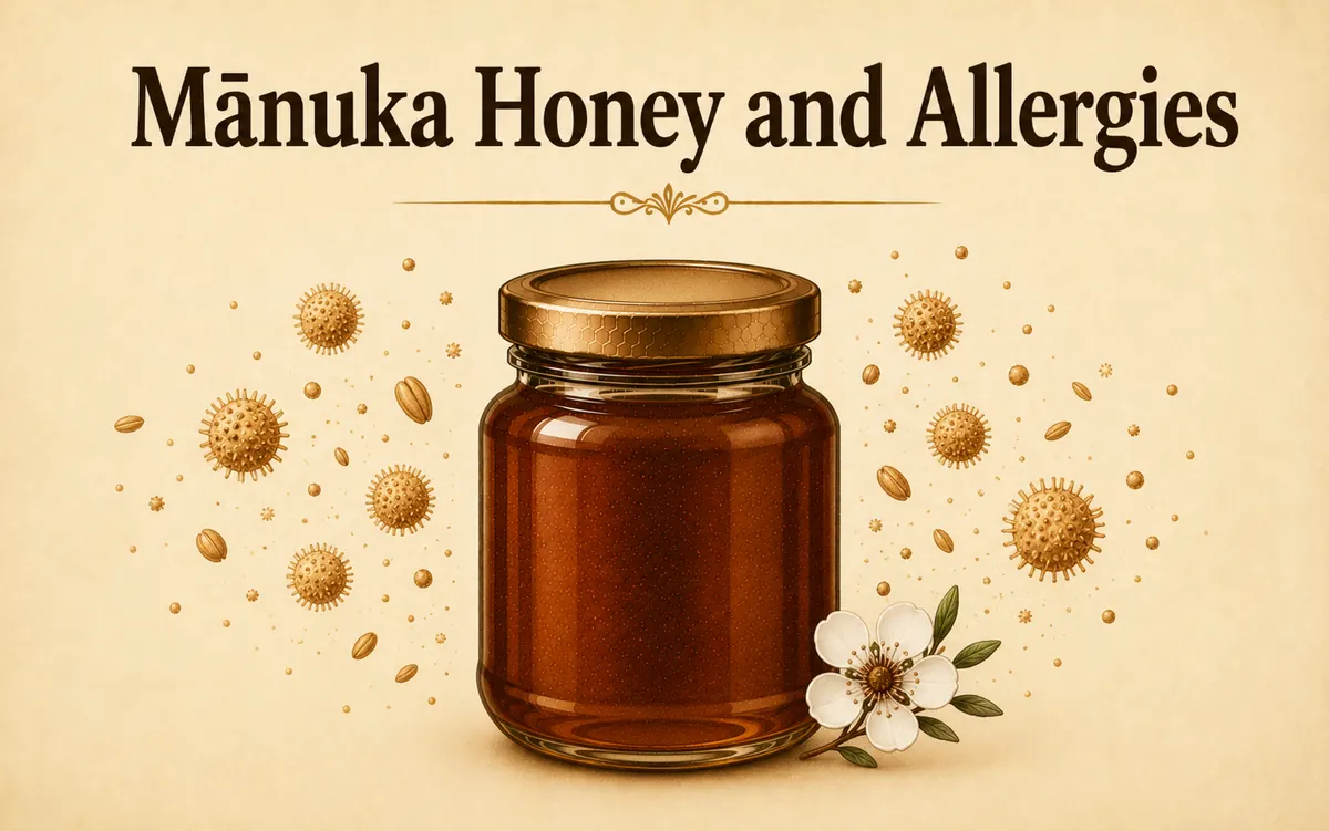 Manuka honey and allergies: jar surrounded by pollen and flower