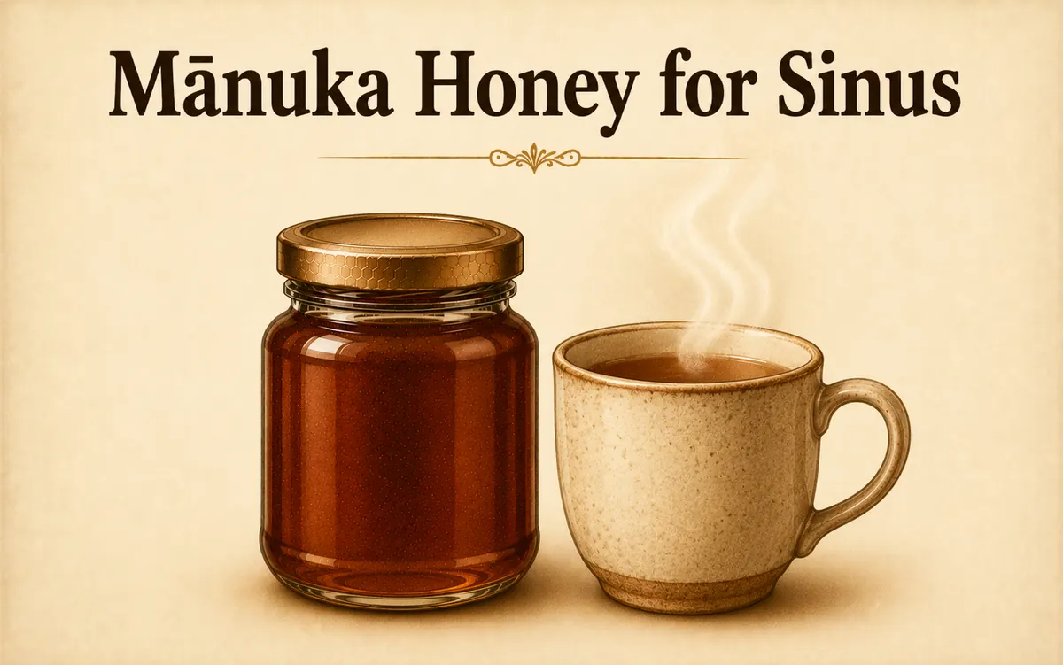 Manuka honey for sinus infections: jar with steaming mug