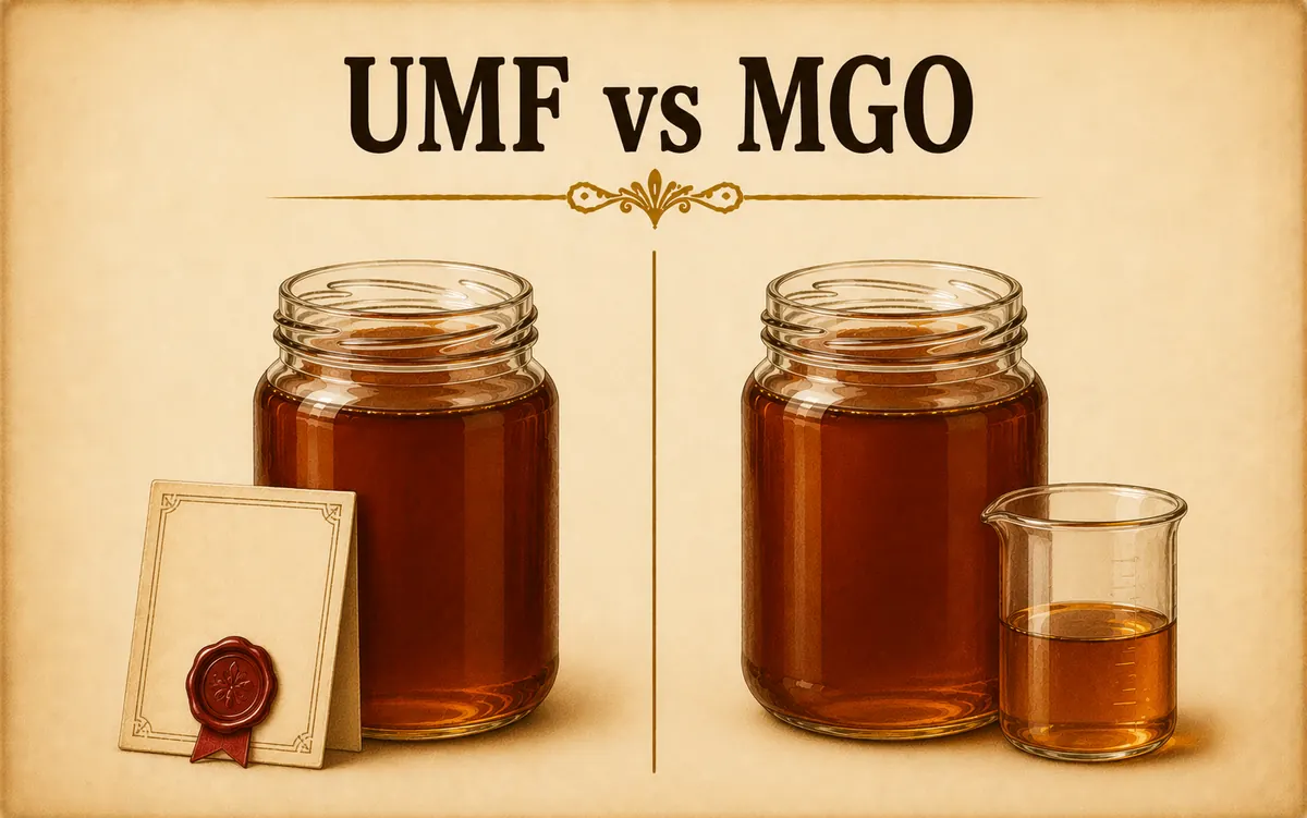 UMF vs MGO: two Manuka honey jars with certificate and beaker