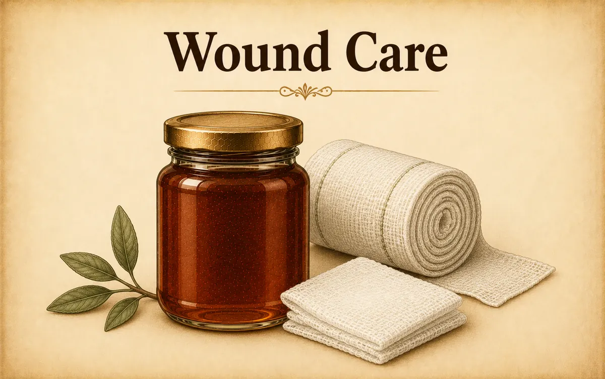 Manuka honey wound care: jar with bandage and gauze