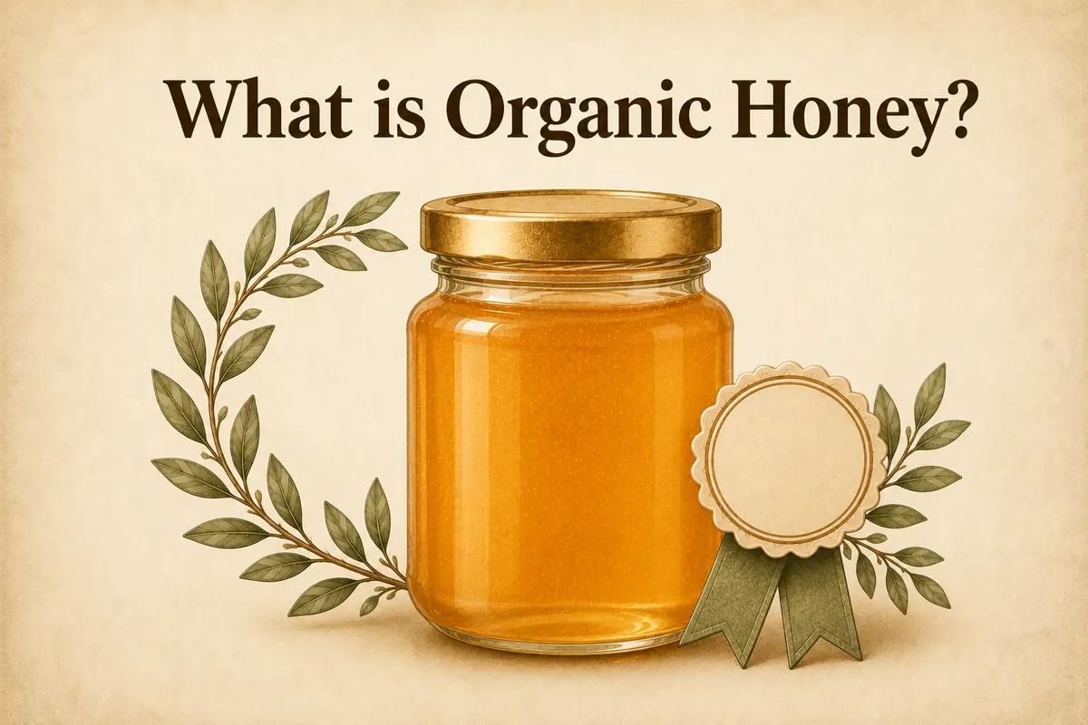 What is organic honey: jar with leaf wreath and certification