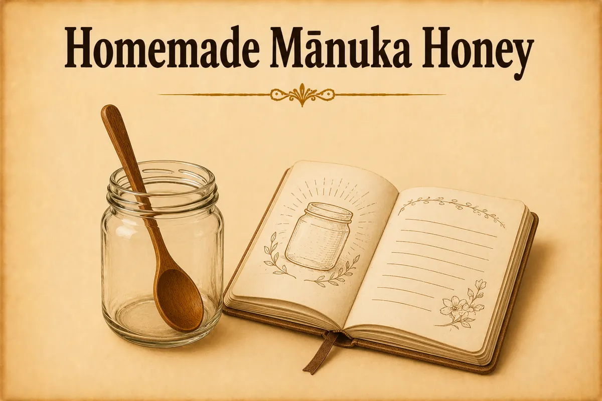 Homemade Manuka honey: empty jar with wooden spoon and notebook