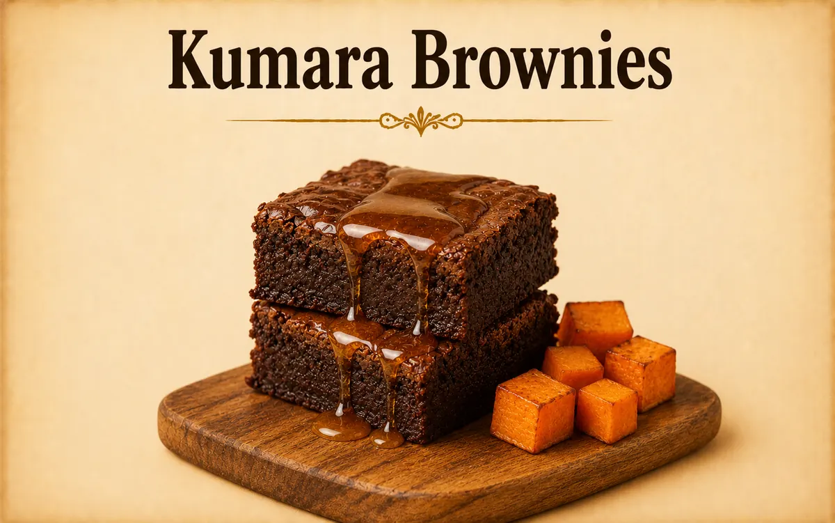 Kumara chocolate brownies stacked with honey drizzle