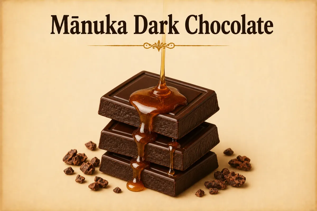 Manuka dark chocolate: stacked squares with cocoa nibs