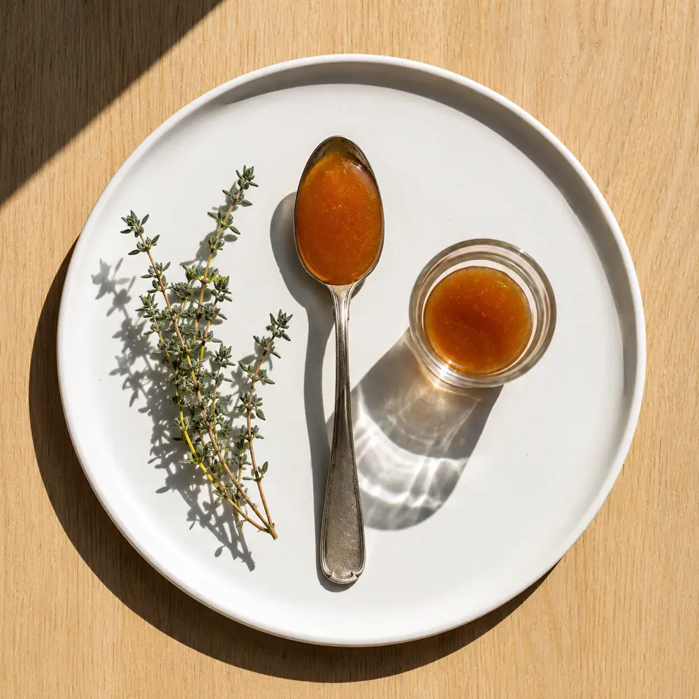 A white ceramic plate with a single measured teaspoon of Mānuka honey and a fresh sprig of thyme.