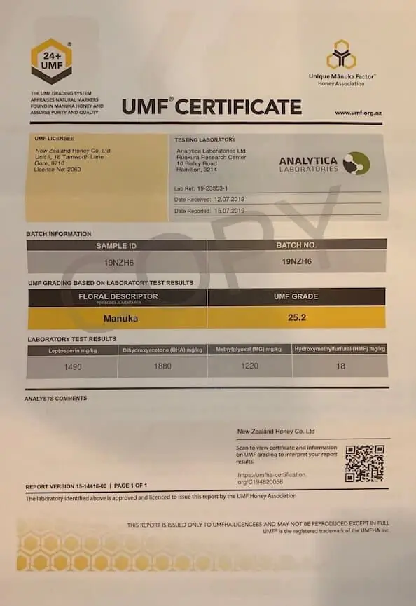 UMF certificate from a New Zealand Manuka honey producer