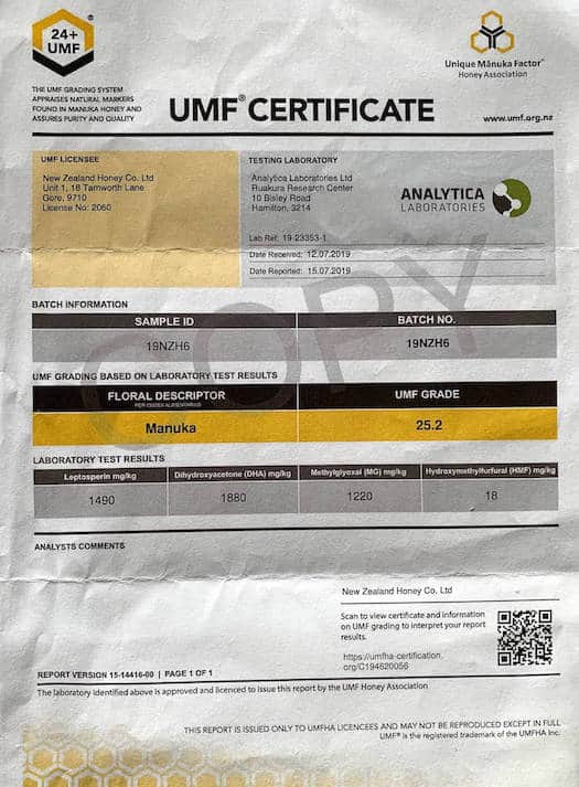 UMF 24+ Certificate
