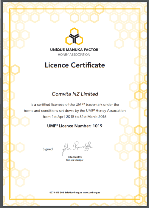 Comvita UMF Certificate with UMF logo quality mark